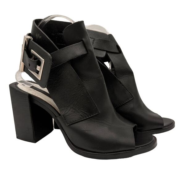 Zara Women's Black Leather Open Toe Ankle Buckle Heels Size 37 / 6.5 - Picture 1 of 9
